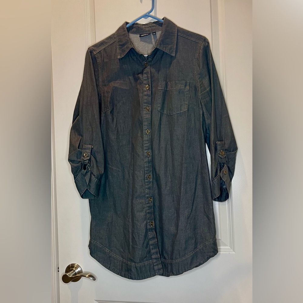 Gray Denim Chambray 100% Cotton Shirt Dress Size M